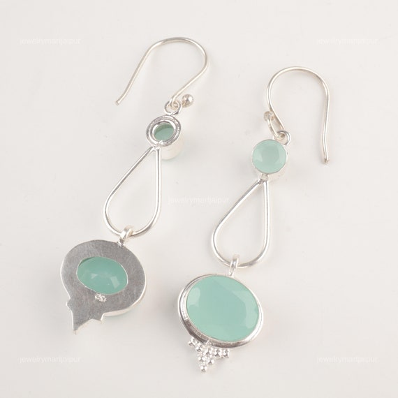 アクアカルセドニースターリングシルバーダングルイヤリング：ミニマ