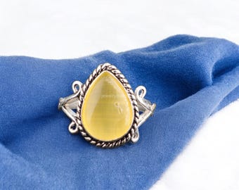 100% Natural Yellow Cat&#39;S Eye Ring, Yellow Gemstone Ring, Statement Ring, 925 Sterling Silver Jewelry, Birthday Gift, Ring For Best Friend
