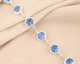 Real Tanzanite Bracelet, Natural Blue Gemstone Bracelet, Round Multi Stone Charm bracelet, 925 Sterling Silver Handmade Fine Jewelry For Her