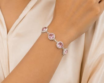 Morganite Gemstone Bracelet, Handmade 925 Sterling Silver Link Bracelet, Daily Wear June Birthstone Crystal Bohemian Jewelry, Wedding Gifts