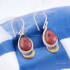 100% Genuine Black Rhodonite Gemstone Earrings, Drop & Dangle Earrings, 925 Sterling Silver Jewelry, Birthday Gift, Earrings For Her