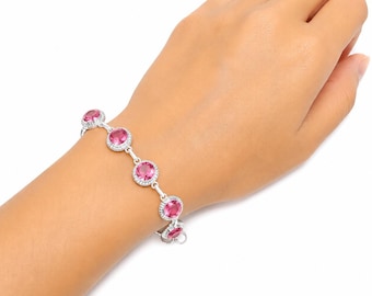 925 Sterling Silver Pink Tourmaline Gemstone Bracelet, Handmade Link Bracelet, October Birthstone Everyday Boho Jewelry, Birthday Gifts