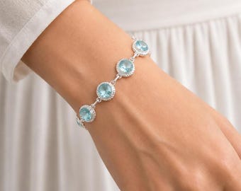 Sky Blue Topaz Gemstone Bracelet, Handmade 925 Sterling Silver Bracelet, December Birthstone Crystal Boho Jewelry, Wedding Gifts For Women