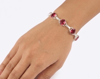 Pink Tourmaline Gemstone Bracelet, Handmade 925 Sterling Silver Bracelet, October Birthstone Unique Dainty Jewelry, Engagement Gift For Her