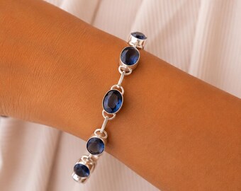 London Blue Topaz Gemstone Bracelet, Handmade 925 Sterling Silver Bracelet, Everyday Crystal Jewelry, Birthstone Gift, Adjustable Bracelet