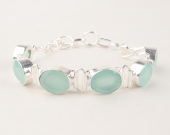 Natural Aqua Chalcedony Gemstone Fine Bracelet, 925 Silver Chain Bracelet, Handmade, Blue Bracelet, Classic Bracelet, Birthstone Jewelry