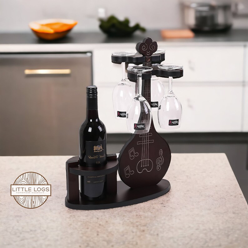 Guitar Wine Rack Wine Bottle and Glass Rack Musical Gift Rustic Wooden