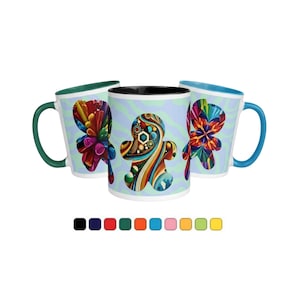 Taza de cerámica blanca de 325 ml con diseño moderno de pan de jengibre y color en el interior, ideal para niños y amantes de las bebidas.