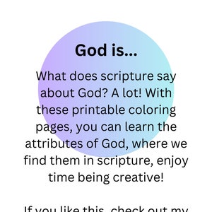 Puede incluir: Un círculo azul claro con el texto "Dios es..." y una descripción sobre páginas para colorear imprimibles que enseñan los atributos de Dios. El texto también incluye una llamada a la acción para consultar otros artículos digitales en Sabiscreative en Etsy.
