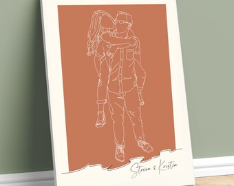 May include: A line art canvas print of a couple hugging. The man is holding the woman on his back. The background is a terracotta color. The text "Steeva & Kristin" is at the bottom of the print.