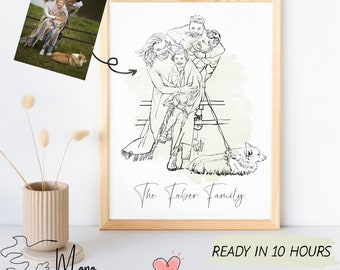 May include: A black and white line art illustration of a family of five with a dog. The family is sitting on a bench with a green watercolor background. The text "The Falber Family" is written below the image.