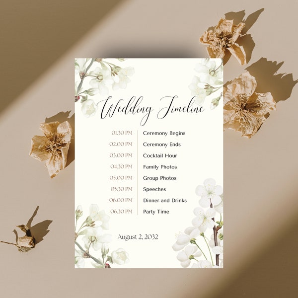 Neutral Organic Wedding Timeline Agenda | Wedding Order Of Events Sign Template | Editable Wedding Day Details Card