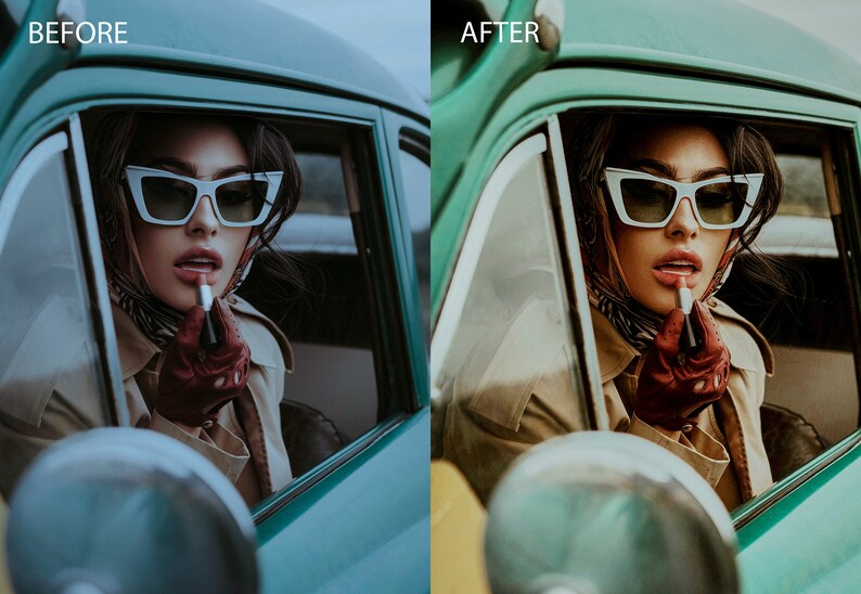 May include: A woman in a vintage car applies lipstick while wearing white cat-eye sunglasses and a brown scarf. The car is green and has a chrome mirror.
