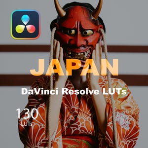 May include: A person wearing a red and orange kimono with a traditional Japanese demon mask. The text "JAPAN" is written in orange letters. The text "DaVinci Resolve LUTs" is written in black letters. The number "130" is written in white letters with the text "LUTs" written in black letters below.