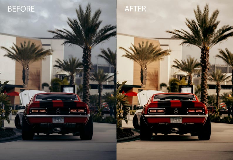 May include: A red classic car with a black stripe down the middle, parked in front of a building with palm trees. The car has a black bumper and black tail lights.