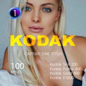 Op de afbeelding: Een vrouw met blond haar kijkt naar de camera. De tekst "KODAK" staat in grote gele letters boven de tekst "CAPTURE ONE STYLES". Daaronder staat de tekst "100 STYLES" en een lijst met Kodak-filmtypen en hun ISO-waarden: Kodak Tri-X 200, Kodak Portra 400, Kodak Gold 800 en Kodak E100G.