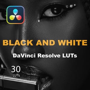 Puede incluir: Imagen en blanco y negro de la cara de una persona con el logotipo de DaVinci Resolve y el texto "BLACK AND WHITE DaVinci Resolve LUTs 30 LUTs".