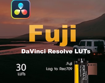 Puede incluir: Imagen que promociona los LUTs Fuji DaVinci Resolve. La imagen presenta el logotipo de Fuji, el texto "DaVinci Resolve LUTs" y "30 LUTs". También es visible un rollo de película, con el texto "PORTRA 16" y "Color Negative Film".