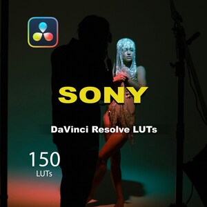 Peut inclure: Image avec le logo Sony jaune, le texte "DaVinci Resolve LUTs" et "150 LUTs". Une personne est en arrière-plan, et un modèle porte une tenue argentée. Le logo DaVinci Resolve est dans le coin supérieur gauche.