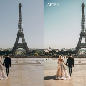 May include: A couple in wedding attire walks hand-in-hand in front of the Eiffel Tower in Paris, France. The couple is facing away from the camera, and the Eiffel Tower is in the background.