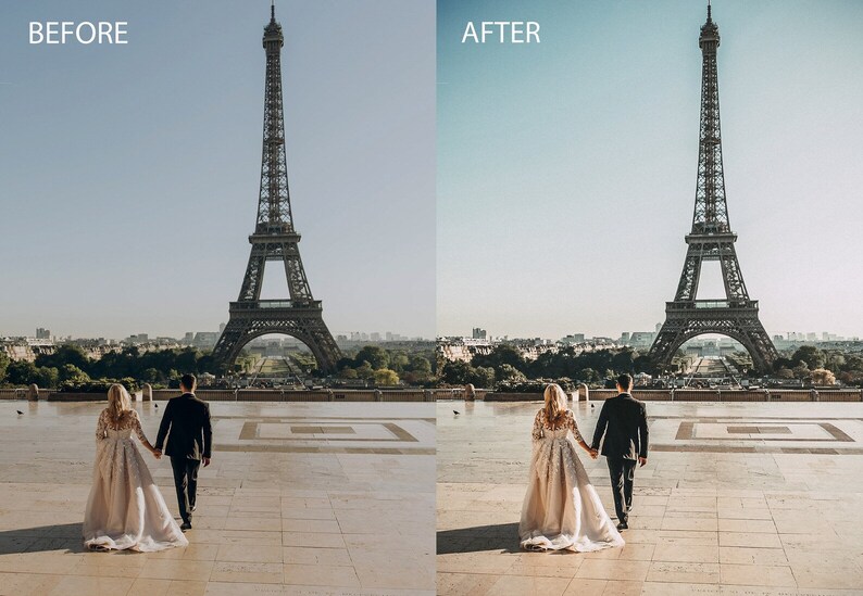 May include: A couple in wedding attire walks hand-in-hand in front of the Eiffel Tower in Paris, France. The couple is facing away from the camera, and the Eiffel Tower is in the background.