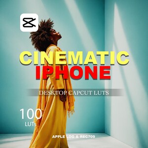 May include: Image featuring the text "CINEMATIC IPHONE" in yellow and red, with a person wearing a yellow outfit. The image also includes the text "DESKTOP CAPCUT LUTS", "100 LUTS", and "APPLE LOG & REC709".