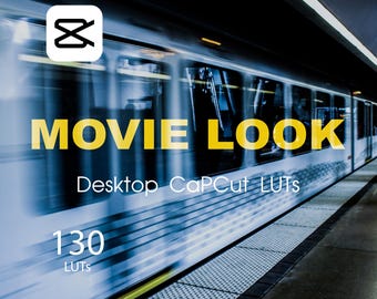 May include: A blurred image of a train with the text "MOVIE LOOK" in yellow letters. Below the text is "Desktop CapCut LUTs" and "130 LUTs".