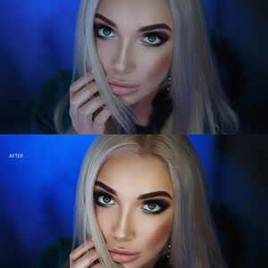 May include: A close-up portrait of a person with blonde hair and green eyes. They are wearing dark eye makeup and a green velvet top. The background is a dark blue.