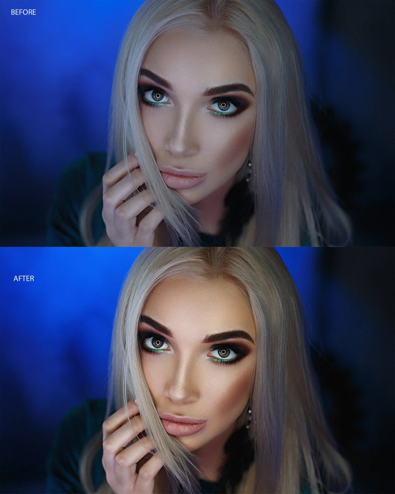 May include: A close-up portrait of a person with blonde hair and green eyes. They are wearing dark eye makeup and a green velvet top. The background is a dark blue.