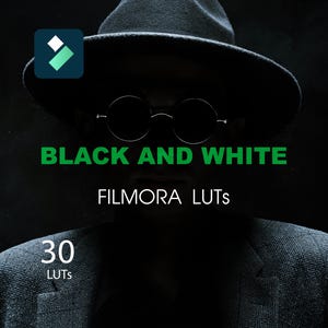 May include: A black and white image featuring a person wearing a fedora and round glasses. The text "BLACK AND WHITE" and "FILMORA LUTS" are displayed in green. The number "30" and the word "LUTS" are also visible.