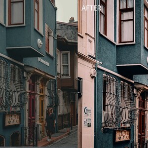 May include: A before and after image of a building with a teal blue facade. The building has a wrought iron gate and a sign that reads "Peri Hanime's Kitchen".