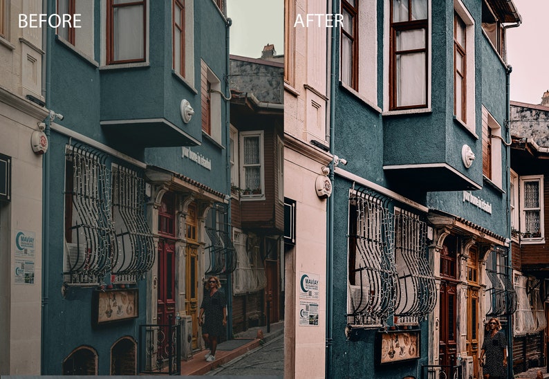 May include: A before and after image of a building with a teal blue facade. The building has a wrought iron gate and a sign that reads "Peri Hanime's Kitchen".