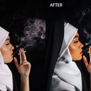 May include: A woman wearing a white habit and black robe holds a cigarette in her hand. Smoke curls up from the cigarette. The background is black.
