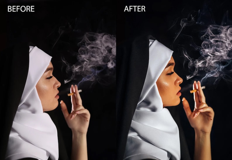 May include: A woman wearing a white habit and black robe holds a cigarette in her hand. Smoke curls up from the cigarette. The background is black.
