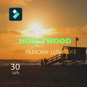 Może przedstawiać: Scena na plaży o zachodzie słońca z zielonym napisem "HOLLYWOOD", "FILMORA LUTS" i "30 LUTS". Wieża ratownicza i ludzie są widoczni na tle pomarańczowego nieba. Logo znajduje się w lewym górnym rogu.