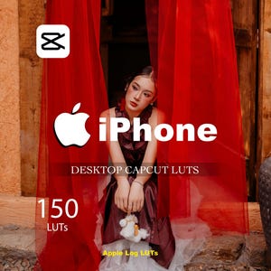 Peut inclure: Image avec le logo CapCut et le logo Apple avec le mot "iPhone" en blanc. Le texte "DESKTOP CAPCUT LUTS" et "150 LUTS" sont également visibles. Les mots "Apple Log LUTS" sont en bas. Une personne est en arrière-plan.