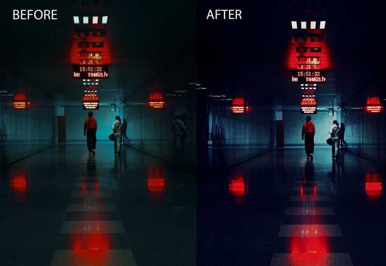 May include: A long, dark hallway with red lights and a person walking towards the camera. The time is 15:51:32 on the digital display above.