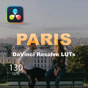 May include: A DaVinci Resolve LUT pack with 130 color grading presets for video editing. The image shows a cityscape of Paris with the text "PARIS" in large orange letters and the text "DaVinci Resolve LUTs" in black letters. The text "130 LUTs" is in white letters on a black background.