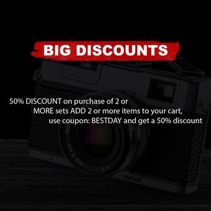 May include: A vintage camera with a black leather body and a silver lens. The image has a red banner across the top that says "BIG DISCOUNTS". The text below the camera says "50% DISCOUNT on purchase of 2 or MORE sets ADD 2 or more items to your cart, use coupon: BESTDAY and get a 50% discount"
