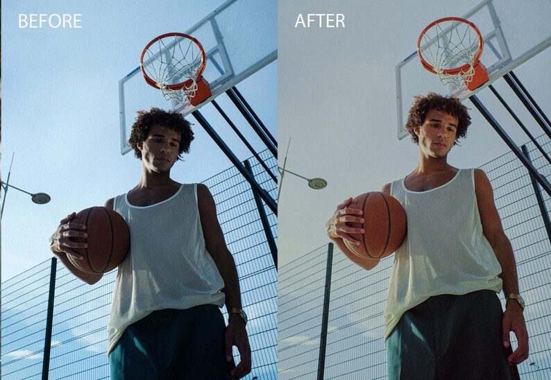 May include: A person wearing a white tank top and dark blue shorts holds a basketball in front of a basketball hoop. The hoop is attached to a metal pole and net. The background is a blue sky and a chain link fence.