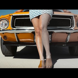 May include: A yellow classic car with a woman sitting on the hood. The woman is wearing a checkered skirt and white shoes.