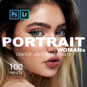 Może przedstawiać: Zbliżenie na twarz kobiety o miękkim, naturalnym wyglądzie. Obrazek służy do reklamowania zestawu 100 presetów Lightroom do fotografii portretowej, oznaczonych jako "Portrait Womans Desktop Lightroom Presets".