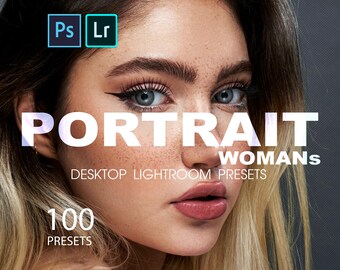 May include: A close-up of a woman's face with a soft, natural look. The image is used to advertise a set of 100 Lightroom presets for portrait photography, labeled "Portrait Womans Desktop Lightroom Presets".