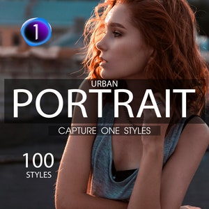 May include: A woman with red hair is featured in a portrait. The image includes the text "URBAN PORTRAIT" and "CAPTURE ONE STYLES". A blue and white circle with the number "1" is in the upper left corner. The text "100 STYLES" is at the bottom.