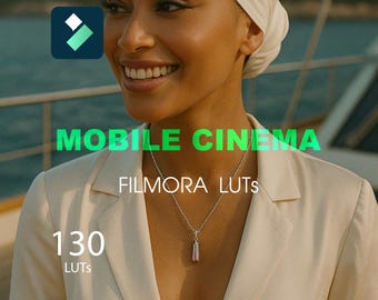 Puede incluir: Una mujer sonríe, vestida con una blazer crema y un pañuelo blanco. El texto verde "MOBILE CINEMA" y "FILMORA LUTS" se muestra. También son visibles el número "130" y la palabra "LUTS".