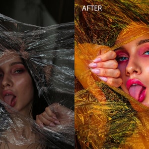 May include: A woman with bright pink eyeshadow and blue eyeliner poses with her tongue sticking out. She is wrapped in clear plastic that is stretched and pulled taut.