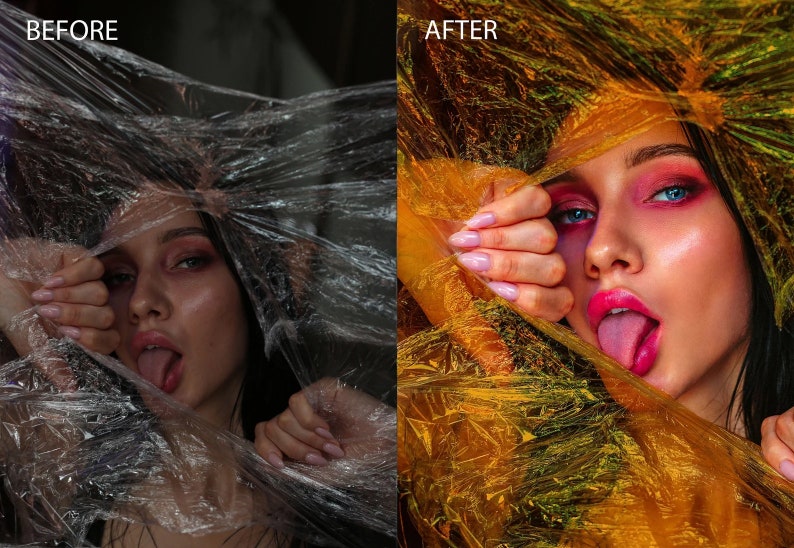 May include: A woman with bright pink eyeshadow and blue eyeliner poses with her tongue sticking out. She is wrapped in clear plastic that is stretched and pulled taut.