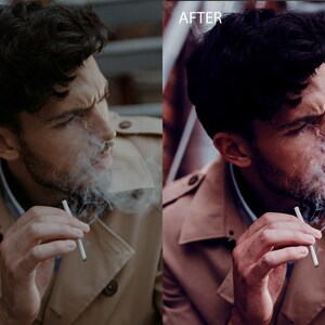 May include: A man in a beige trench coat with dark hair is smoking a cigarette. He is looking down and there is smoke coming from his mouth.