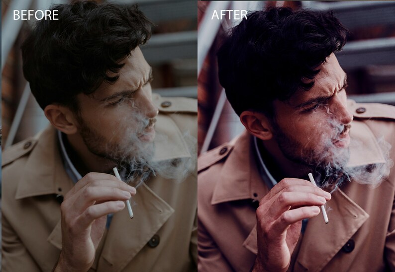 May include: A man in a beige trench coat with dark hair is smoking a cigarette. He is looking down and there is smoke coming from his mouth.