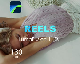 Puede incluir: Imagen con la palabra "REELS" en turquesa, el texto "LumaFusion LUTs" y el número "130". Se ve un logotipo, junto con una persona que lleva un suéter morado claro. La imagen tiene una paleta de colores suaves y apagados.